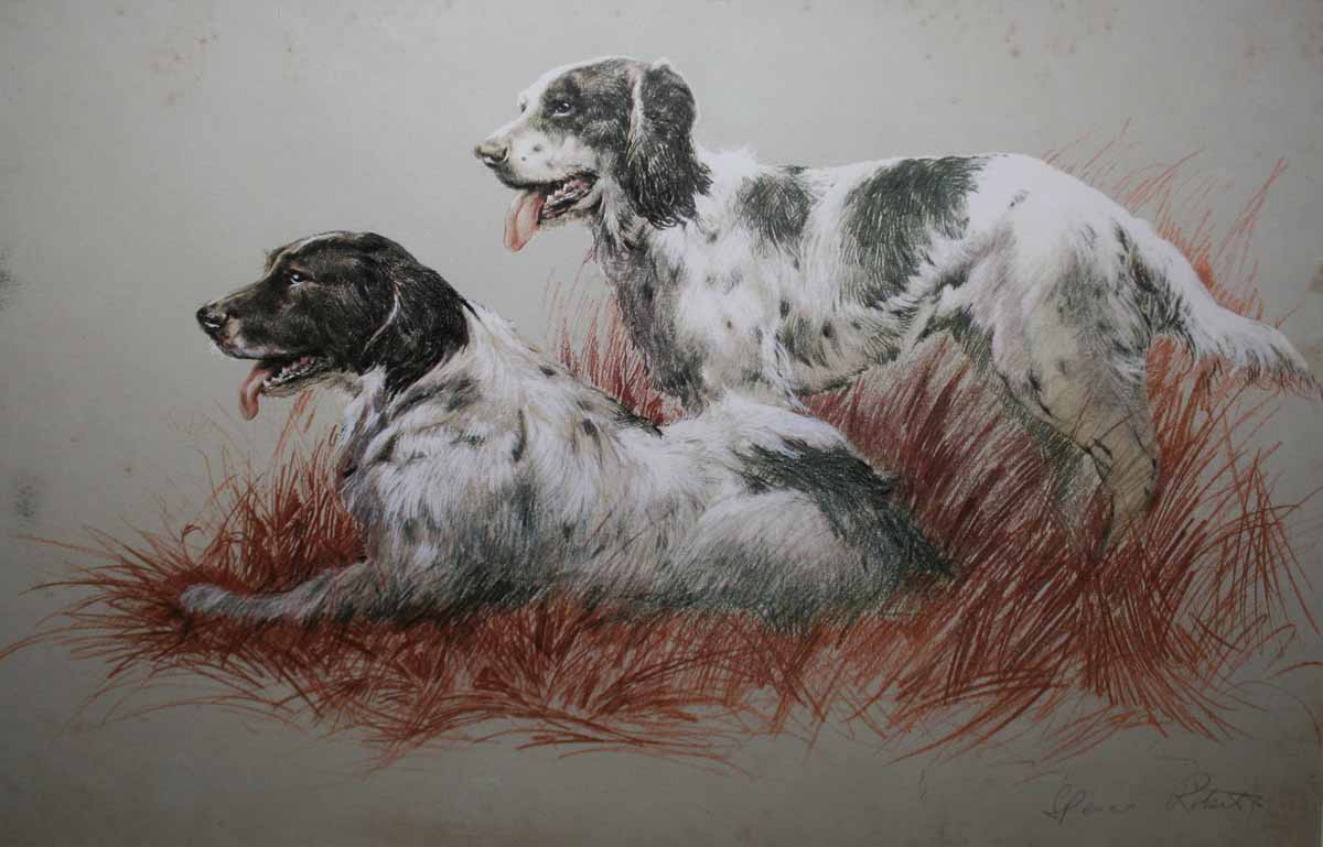 SPENCER ROBERTS, SIGNED IN PENCIL TO IMAGE LOWER RIGHT, COLOURED PRINT, Spaniels in Landscape, 17" x