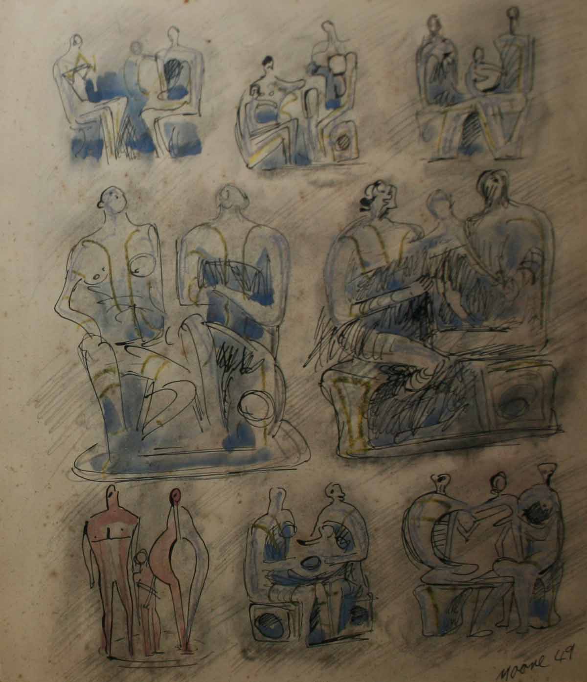 AFTER HENRY MOORE, COLOURED PRINT, Figure Studies, 15" x 13"