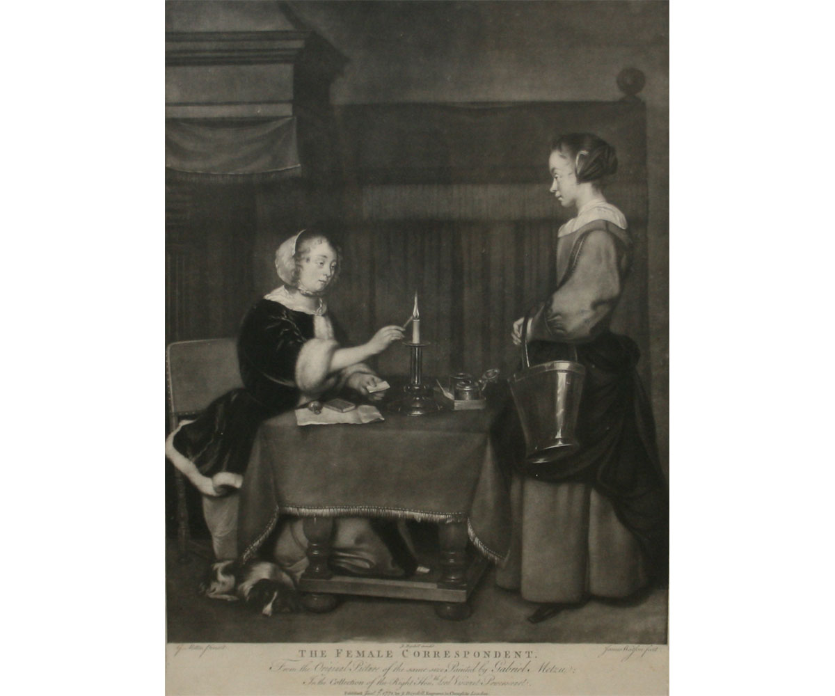 AFTER G METZU, ENGRAVED BY J WATSON, ANTIQUE BLACK AND WHITE MEZZOTINT, PUBLISHED 1771 BY J BOYDELL,