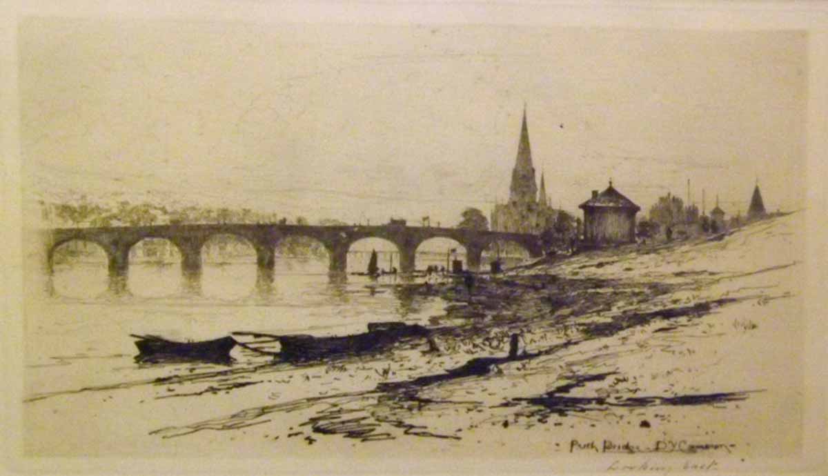 DAVID YOUNG CAMERON (1865-1945), BLACK AND WHITE ETCHING, Inscribed  Looking East  (Perth Bridge),