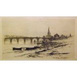DAVID YOUNG CAMERON (1865-1945), BLACK AND WHITE ETCHING, Inscribed  Looking East  (Perth Bridge),