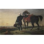 MID-19TH CENTURY COLOURED MEZZOTINT, Wellington with his Horse at Sunset, 22" x 28"