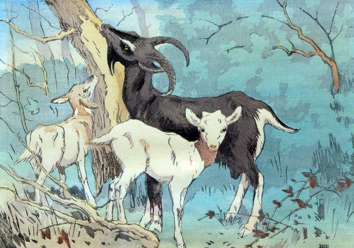 ALLEN WILLIAM SEABY, SIGNED IN PENCIL TO MARGIN, COLOURED WOOD BLOCK PRINT,  A Goat and Kids by a