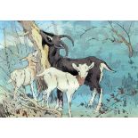 ALLEN WILLIAM SEABY, SIGNED IN PENCIL TO MARGIN, COLOURED WOOD BLOCK PRINT,  A Goat and Kids by a