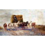 ADRIAN JONES, SIGNED INDISTINCTLY DATED LOWER RIGHT, WATERCOLOUR, Horses and Hay Cart, 22 x 38