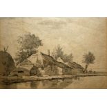 JACOB VAN KOUVENHOVEN, SIGNED LOWER LEFT, PENCIL AND WASH, “Cottages by a River”, 7” x 9”