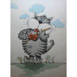 DAVID FRY, SIGNED GROUP OF THREE PEN, INK AND WATERCOLOUR CARTOONS, Cats Cupid Violinist and