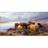 TOM ROWDEN, SIGNED LOWER RIGHT, WATERCOLOUR, Highland Cattle in River Landscape, 7 = x 14