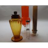 Mixed lot of glasswares comprising amber glass cocktail shaker of tapering form fitted with plated