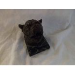 Unusual Bronze patinated base metal inkwell, modelled as a head of a dog and with lifting cover