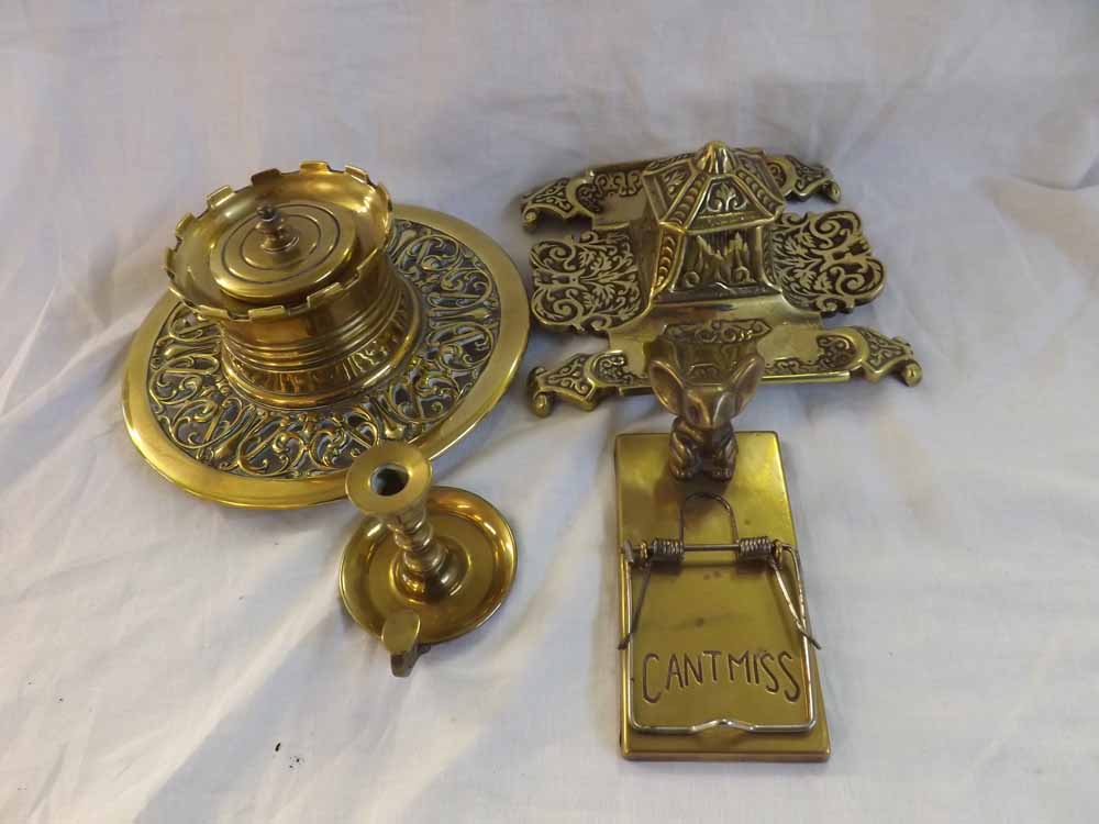 Small collection of desk wares including two Brass inkwells and small candlestick and novelty