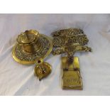 Small collection of desk wares including two Brass inkwells and small candlestick and novelty