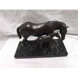 Barry Foley Bronze sculpture of a Mare and Foal on a green veined marble base, 9.75" long