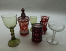 Mixed lot late 19th and early 20th Century glasswares comprising ruby and clear glass covered Jar,