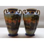 A pair of Noritake Baluster Vases of two handled fluted tapering Baluster form painted in colours