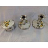 Enamelled and Silver plated part dressing table set comprising a pair of candlesticks and a