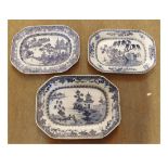 A collection of three Nankin Small Platters of canted rectangular form, two decorated with Chinese