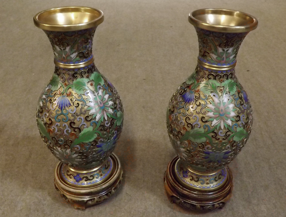 A pair of late 20th Century Oriental Enamelled Baluster Vases, a further Cloisonni Small Tazza, Rice