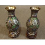 A pair of late 20th Century Oriental Enamelled Baluster Vases, a further Cloisonni Small Tazza, Rice