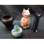 Mixed lot comprising modern Art Glass cat shaped Vase, a small Medina Jar with stopper, glass