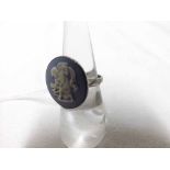 Wedgwood Hallmarked Silver and blue basalt panelled Ring depicting cupid, 18mm diameter