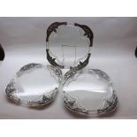 Set of three unusual clear glass and metal mounted serving trays decorated with grape and vine