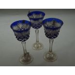 Set of six Bohemian style blue tinted clear glass Hock glasses, faceted bowls and waisted stems,