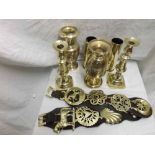 Mixed lot of Brassware comprising two straps of Horse Brasses, pair of Indian Vases, pair of