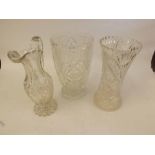 Mixed lot comprising 20th Century clear cut glass Jug with two further cut glass Vases of round
