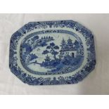 A Nankin Octagonal Platter, typically decorated in underglaze blue with Chinese river scene, 12.