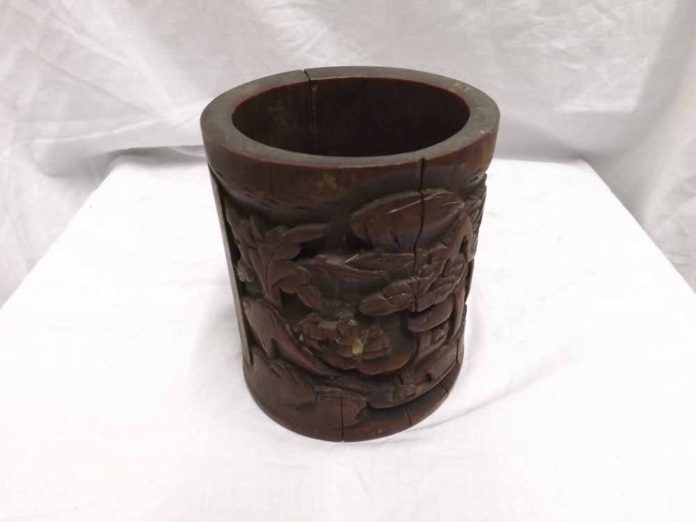 Oriental carved Hardwood cylinder Vase decorated with pagodas etc (cracked), 5.75" high