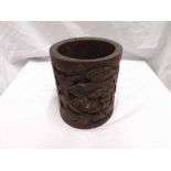 Oriental carved Hardwood cylinder Vase decorated with pagodas etc (cracked), 5.75" high