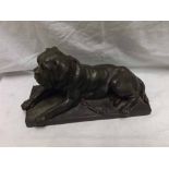Green patinated hollow Bronze model of a reclining English Mastiff, 5.5" high