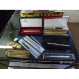 Box containing a collection of various late 20th Century Fountain Pens and Biros etc including