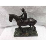 Barry Foley Bronze study of Lester Piggott astride Sir Ivor on a green veined marble socle, 8" high