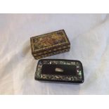 Ebonised Snuff Box inset with Shibayama type decoration together with a further Tunbridge ware style