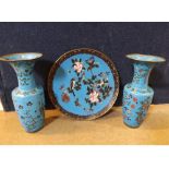 A pair of large Cloisonni Baluster Vases, decorated with coloured foliage on a pale blue ground;