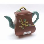 Small 20th Century Chinese clay Teapot decorated with foliate detail, impressed marks to base, 5 1/