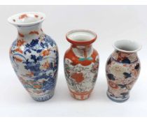 Two Japanese Imari Baluster Vases and a further Kutani example, 7 1/2", 5 1/2" and 6" high