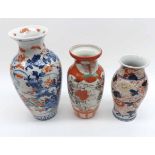 Two Japanese Imari Baluster Vases and a further Kutani example, 7 1/2", 5 1/2" and 6" high