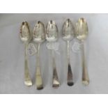 A Mixed Lot of five late 18th/early 19th Century Silver Tablespoons, to include bottom struck