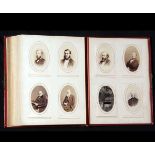 A Victorian carte de visite album containing 65+ carte de visites and approx 5 cabinet photographs