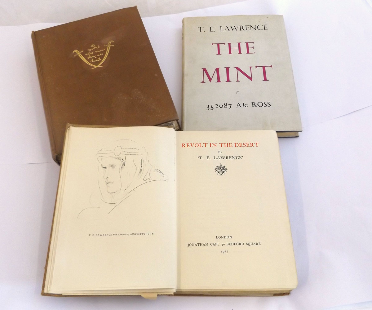 T E LAWRENCE: 3 ttls: REVOLT IN THE DESERT, 1927, 1st edn, orig buckram, some relevant news cuttings