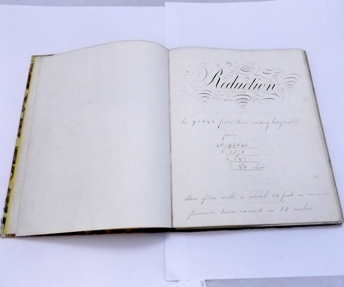 A MS album circa 1848 containing a student’s mathematics work, good quantity leaves, “MISS HILL,