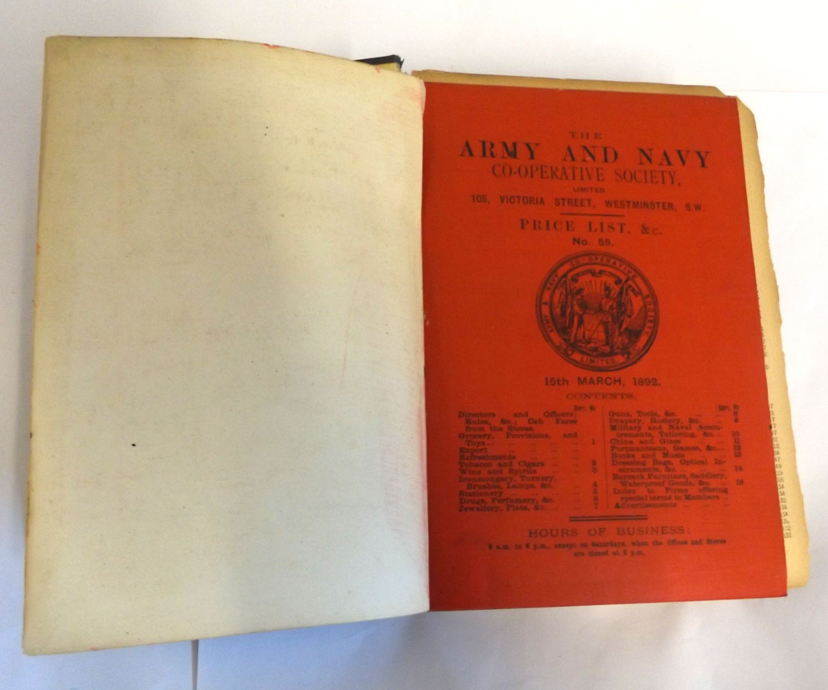 THE ARMY AND NAVY CO-OPERATIVE SOCIETY PRICE LIST, 15th March 1892, 4 pges of col'd plts