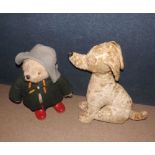 A Gabriel Designs Paddington Bear, blonde mohair covered bear in green duffel coat and red