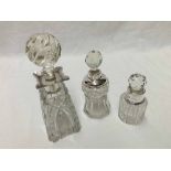 A group of three cut glass and Silver mounted Scent Bottles, one of tapering square form with