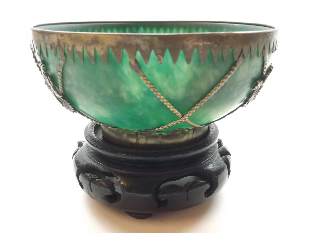 An Oriental White Metal Mounted Jade or Jadeite Circular Bowl of tapering form, 4 1/4" high 50-60