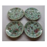 A collection of four various Celadon Plates, typically painted in traditional colours with birds,