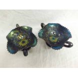 A pair of blue tinted Carnival Glass two-handled Rectangular Tazzas with wavy crimped rims and